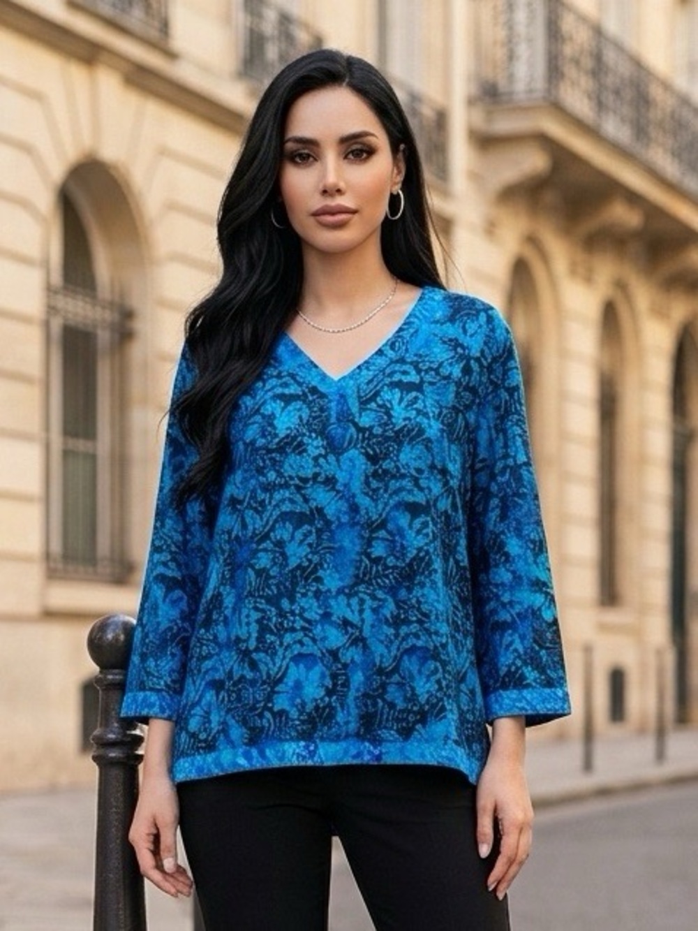 Blue Floral V-Neck Women's Top